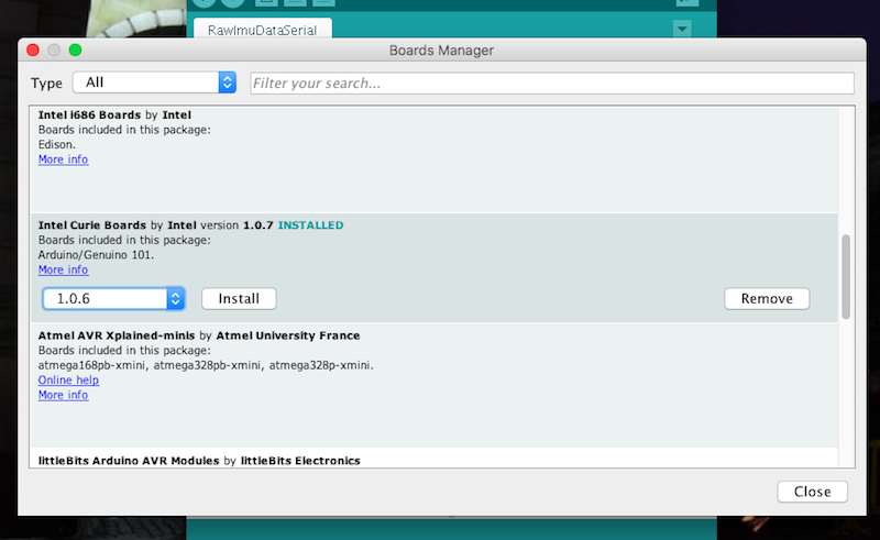 Installing Arduino 101 Firmware using the boards manager.